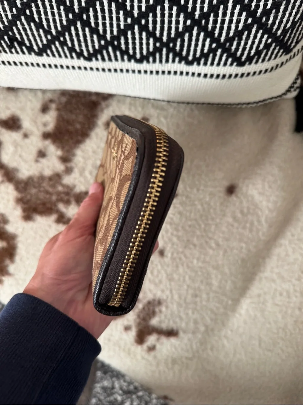 Coach Brown Signature Canvas Zip Around Card Holder with Gold Logo